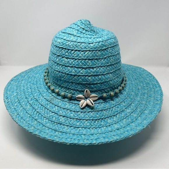 Vintage Light Sky Blue Sun Hat with Genuine Shell Design Summer Vacation Beach - Picture 3 of 15